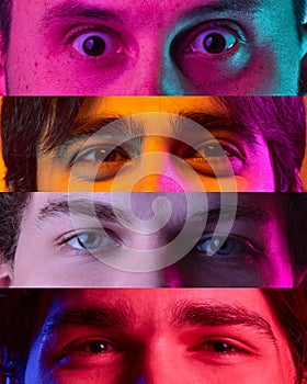 Collage. Horizontal images of human eyes, men of different ages posing in neon multicolored lights. Attentive look