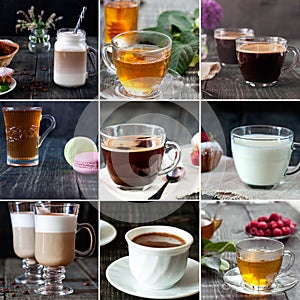 Collage of hot drinks. Recipes of various tasty and fragrant drinks