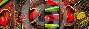 Collage with hot pepper and various spices, banner format
