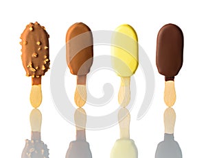 Collage with Ice Cream with Stick on White Background