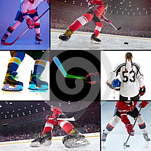 Collage of ice hockey images with players in motion, gear and arena setting. Capturing dynamic sports moments.