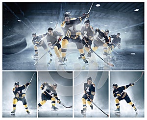 Collage about ice hockey players in action.