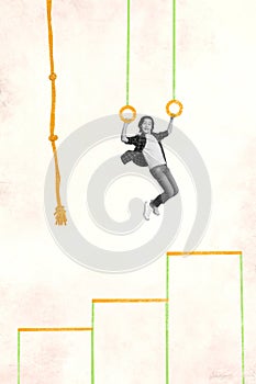 Collage illustration of positive sportsman young boy hanging rings athlete gym training upstairs progress isolated on