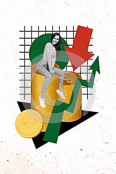 Collage illustration of young business woman sitting golden coins she made in trading crypto bull market isolated on