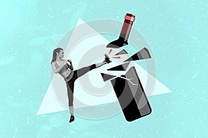 Collage image artwork of sporty strong woman kick break up glass wine bottle refuse unhealthy life isolated on drawing