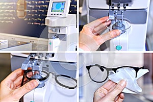 Collage image of the glasses manufacturing process