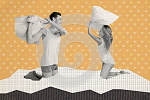 Collage image illustration black white filter joyful excited activity couple fight pillow bedroom happy comfortable