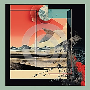 a collage of an image of mountains and a moon