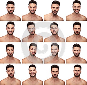 Collage image of a naked guy making different faces
