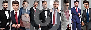 Collage image of nine different casual men wearing suits