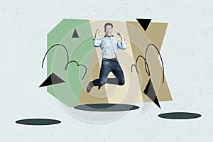 Collage image picture of cheerful glad man celebrate success jump up yes isolated on drawing background