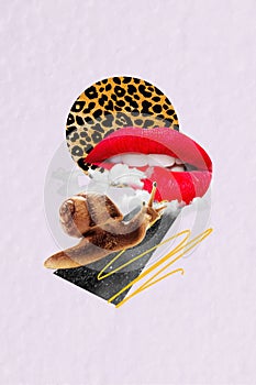 Collage image picture of tempting alluring red lips crawling snail isolated on creative leopard print background