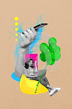 Collage image pinup pop retro sketch of hand hold mobile phone air balloons online shopping weird freak bizarre unusual