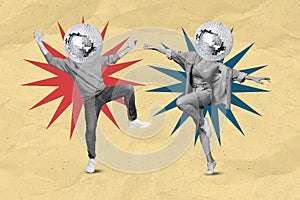 Collage image of two headless disco ball people with black white colof effect have fun dancing isolated on pastel
