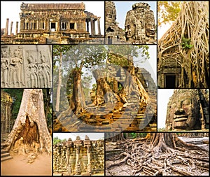 The collage from images of Angkor Wat in Cambodia