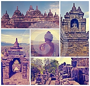 Collage of images Buddist temple Borobudur. Yogyakarta. Java, In