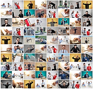The collage from images of business man at office with different emotions