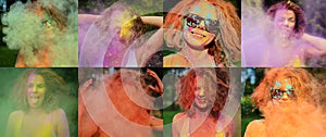 Collage of images with happy red head model posing with exploding colorful Holi powder around her photo