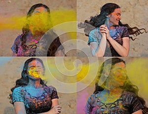 Collage of images with lovely brunette model posing with exploding yellow Holi powder around her photo