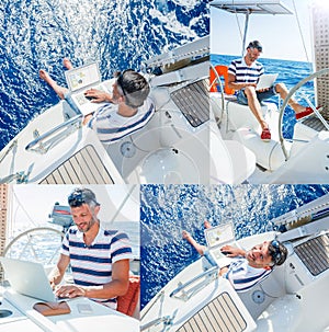 Collage of images Man with laptop computer on sailboat