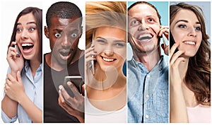 The collage from images of multiethnic group of happy young men and women using their phones