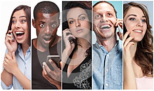 The collage from images of multiethnic group of happy young men and women using their phones