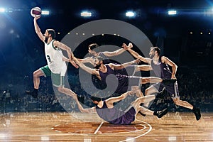 The collage from images of one basketball player with a ball against the fans