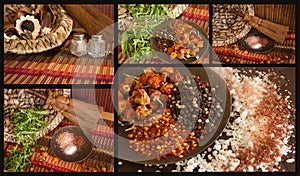 Collage with images of salt, pepper, spices