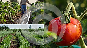 A collage of images showing the various stages of crop irrigation using soaker hoses and biodiesel pumps. The first