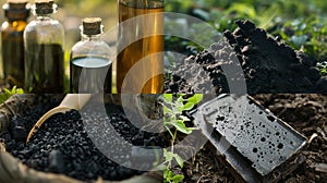 A collage of images shows the various uses of glycerin and biochar. Glycerin is featured as an ingredient in shampoo