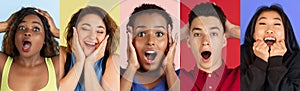 Collage with images of surprised people, young women and man posing isolated over multicolored background.