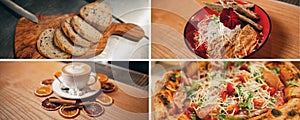 Collage with images of tasty, delicious dishes, food and cup of aromatic coffee.