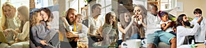 Collage of images of two people, happy mother and daughter, father and son playing, sitting at home, indoors. Concept of