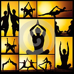 The collage from images of two people practicing yoga in the sunset light