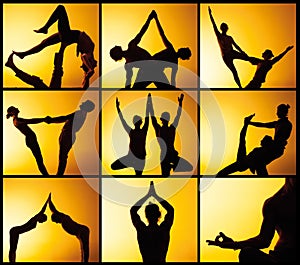 The collage from images of two people practicing yoga in the sunset light