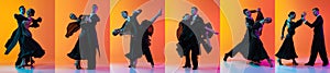 Collage with images of young dance ballroom couple in black stage attires dancing over ornage background in neon light.