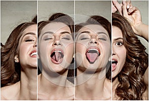 The collage from images of young woman`s portrait with funny emotions