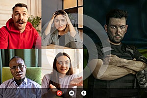 Collage with images of young women and men having online meeting with soldier, warrior, defender. Group video call, use
