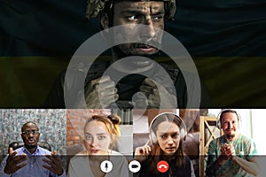 Collage with images of young women and men having online meeting with soldier, warrior, defender. Group video call, use