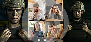 Collage with images of young women and men having online meeting with soldier, warrior, defender. Group video call, use