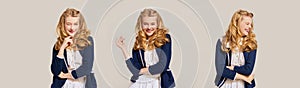 Collage with incredible beautiful young blond woman, girl wearing vintage clothes and posing with positive emotions over