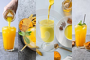 Collage of Indian golden turmeric milk and iced beverage with curcuma on light