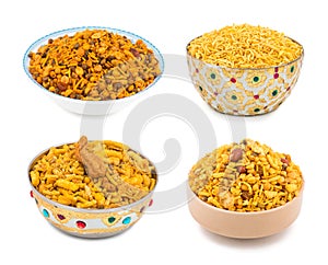 Collage of Indian Namkeen Food Crunchy Mixture or Sev in Vintage Bowl