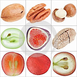 Collage of isolated fruits (nuts, grape, fig)