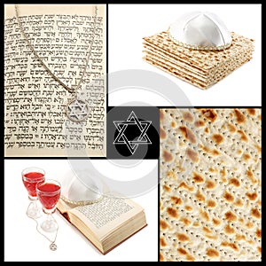 Collage of jewish religious holiday attributes-Torah,Magen David