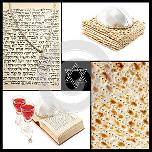 Collage of jewish religious holiday attributes-Torah,Magen David photo