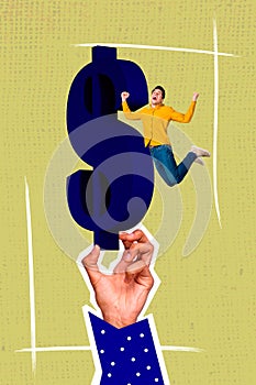 Collage of jumping crazy businessman celebrate success dreams comes true dollar symbol financial independence isolated