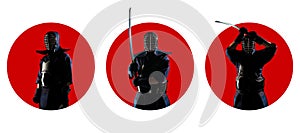 Collage of kendo fighters with Samurai sword katana in red circles unrecognizable person, dark mask