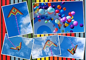 Collage kite flying and colorful balloons in the sky