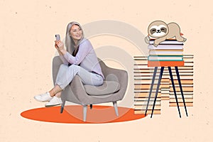 Collage of lady sitting comfortable chair chilling hold smartphone browsing ebook lying funny painted sloth animal bored
